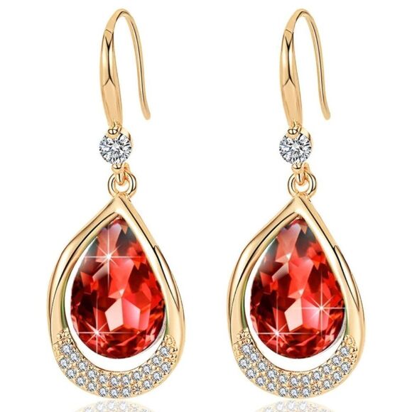 14K Yellow Gold and Ruby Red Austrian Crystal Teardrop Halo Drop Hook Earrings